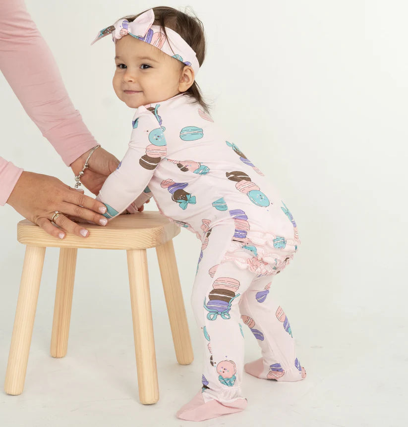 Bamboo Ruffle Footies with Two Way Zipper (Macaron Party Print)