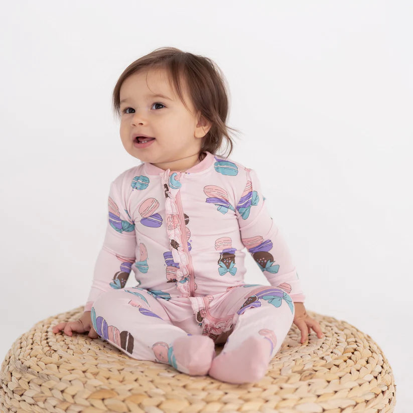 Bamboo Ruffle Footies with Two Way Zipper (Macaron Party Print)