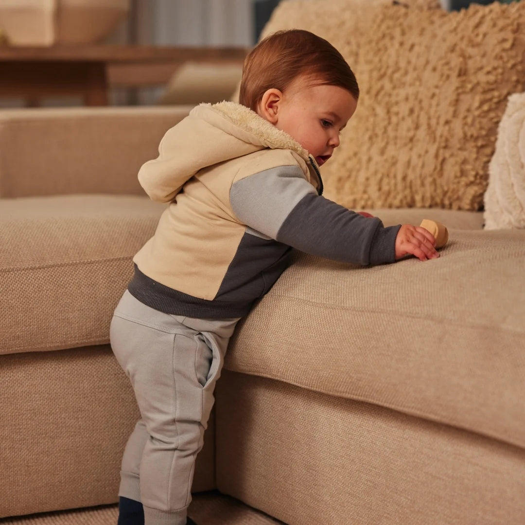 Dirkje boys' outdoor cardigan in pebble with hood teddy print