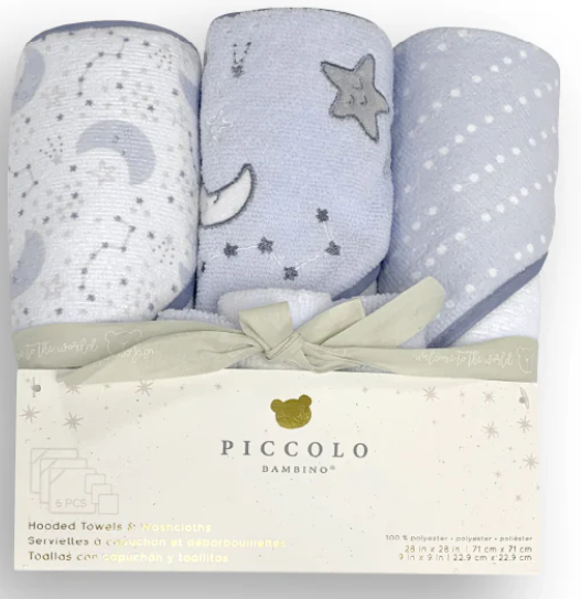 Piccolo Bambino- 6 Pack Hooded Towels & Washcloths Set Blue