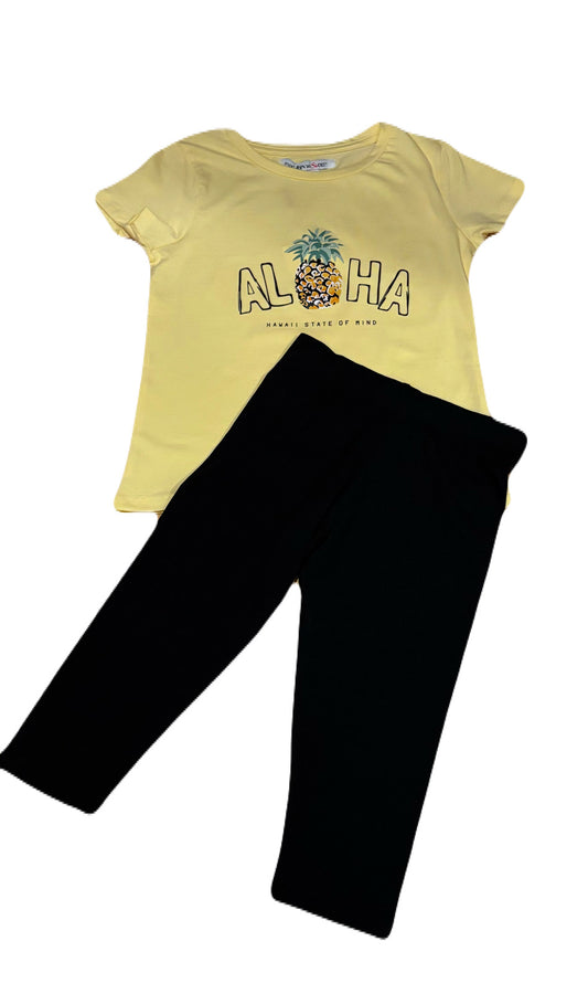 Girls 2 Piece Set- T-Shirt w / Legging Basic Capri (Mellow Yellow)