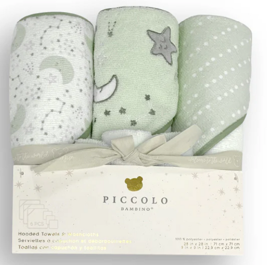 Piccolo Bambino- 6 Pack Hooded Towels & Washcloths Set Green