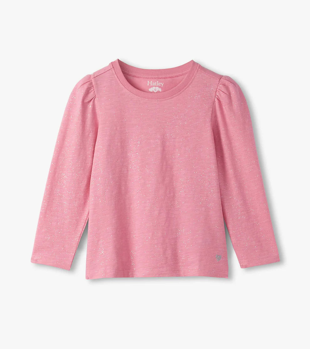 Girls Sea Pink Sparkle Puff Sleeve Graphic Tee