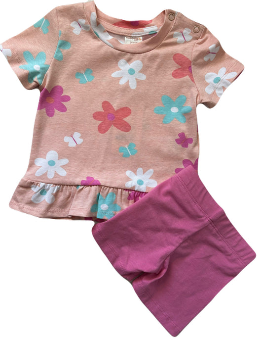 Girls - 2 Piece Set- T-Shirt w/Short Pale Peach Daisy