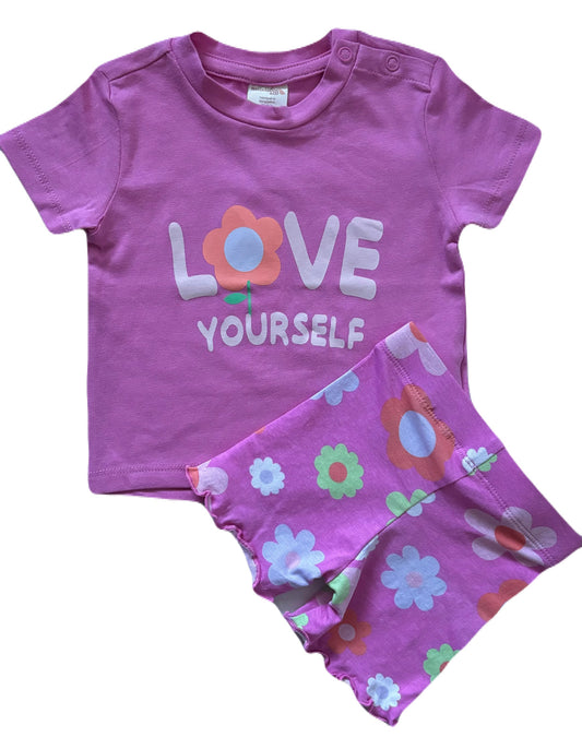 Girls -2 Piece Set- T-Shirt Fuchsia Pink Daisy w/Short