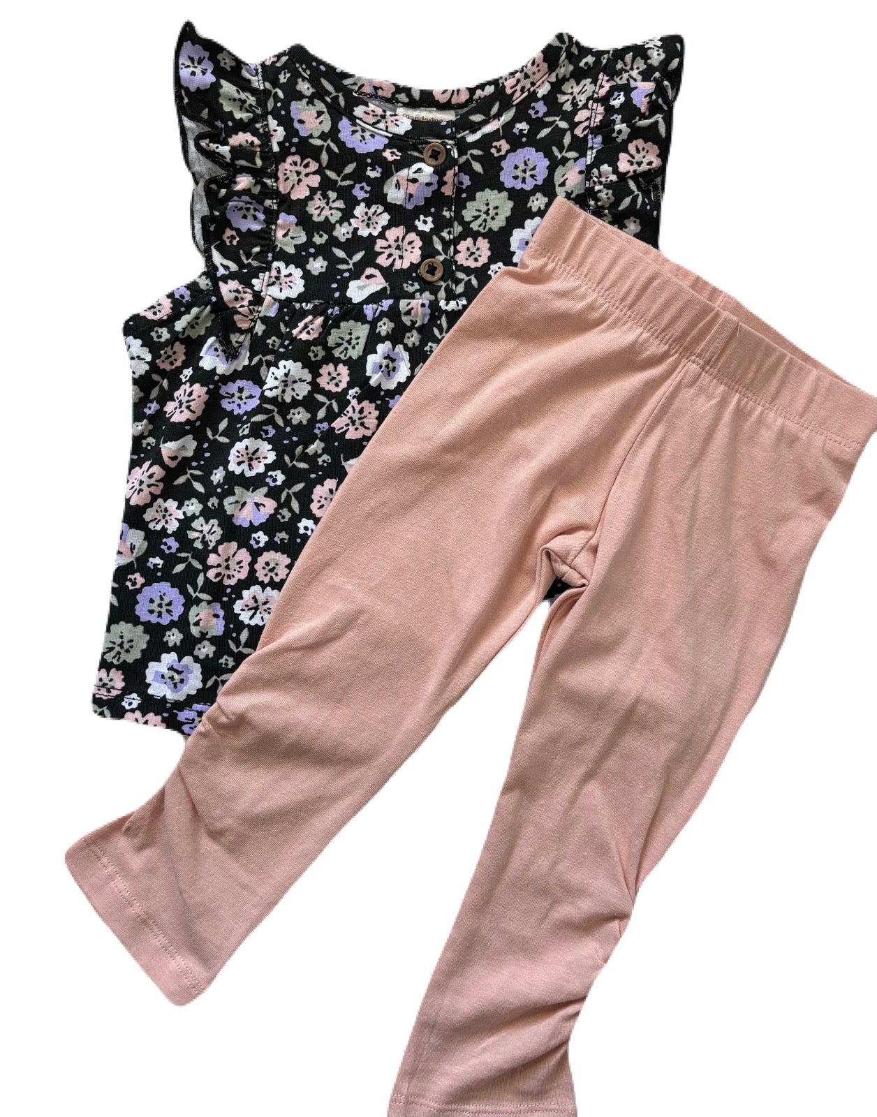 Girls 2 Piece Set- Jet Black Sleeveless Top With Ruffle Graphic Flowers/Jersey Legging