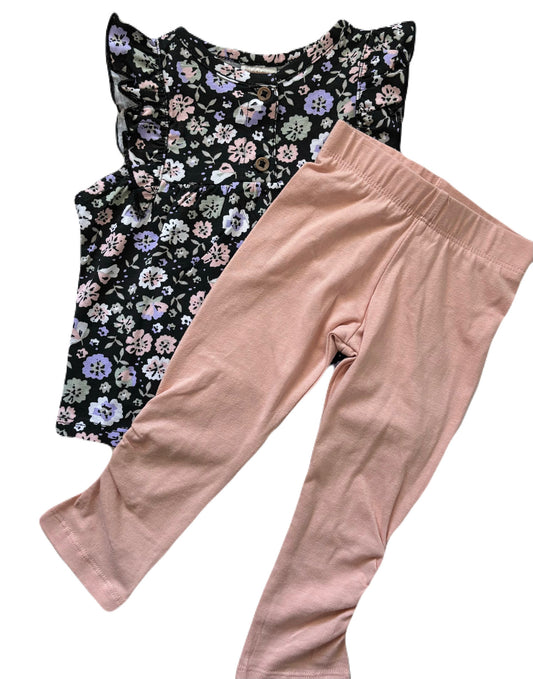Girls 2 Piece Set- Jet Black Sleeveless Top With Ruffle Graphic Flowers/Jersey Legging