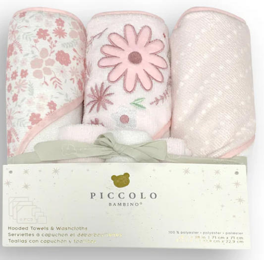 Piccolo Bambino- 6 Pack Hooded Towels & Washcloths Set Pink