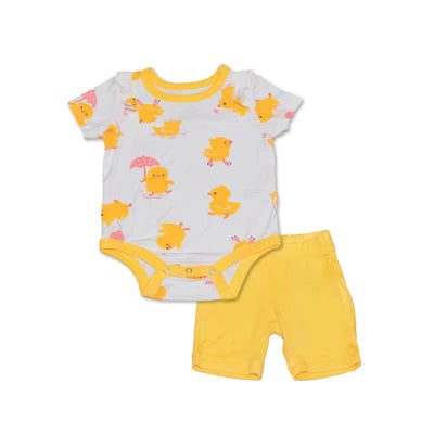 Bamboo Ruffle Onesie & Knee Leggings (Little Chick Print/Banana)