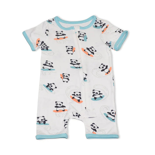 Bamboo Short Sleeve Zippy Romper (Surfs Up Panda Print)