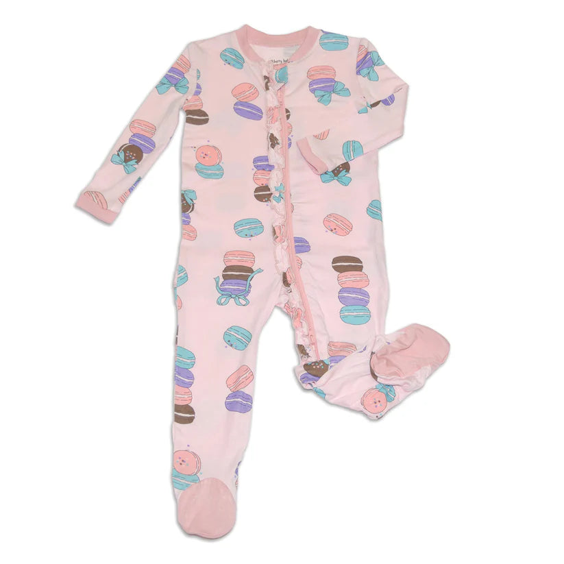 Bamboo Ruffle Footies with Two Way Zipper (Macaron Party Print)