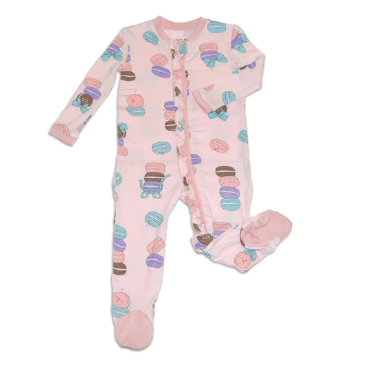 Bamboo Ruffle Footies with Two Way Zipper (Macaron Party Print)